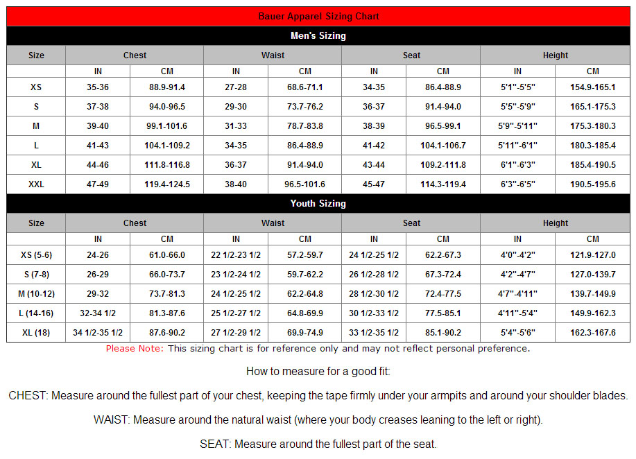 bauer practice jersey size chart